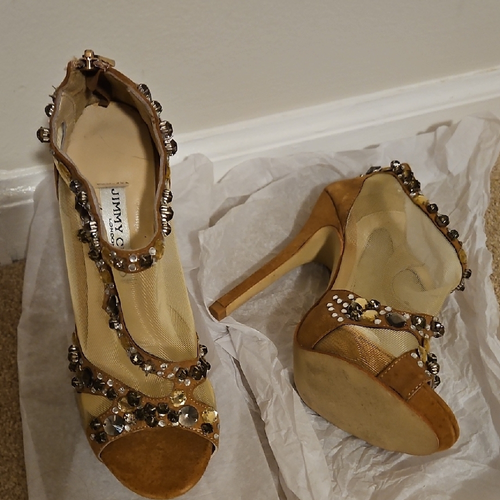 Jimmy Choo Brown and Gold Embellished Heels